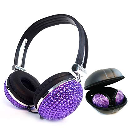 Kasstino Beautiful and Lovely Bling Style Crystal Handmade Diamante Retro Ear-Cup Headphones Headsets for Girls Women (Purple)