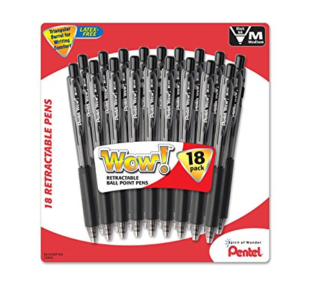 Pentel WOW! Retractable Ballpoint Pens, Medium Line, Black Ink, 18-Pack (BK440BP18A)