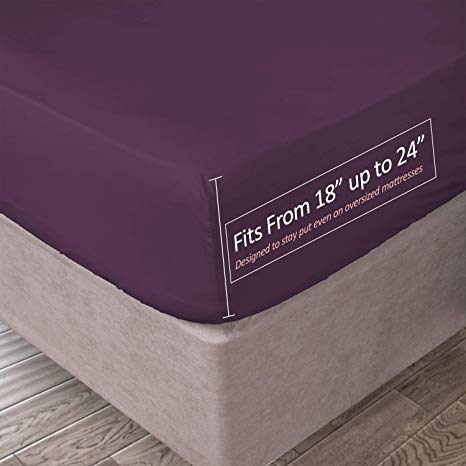Clara Clark 21 Inch Deep Pocket Fitted Sheet 100% Soft Double Brushed Microfiber, Queen, Purple Eggplant