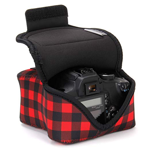 USA GEAR DSLR Camera Case/SLR Camera Sleeve (Red Plaid) with Neoprene Protection, Holster Belt Loop and Accessory Storage - Compatible with Nikon D3400 / Canon EOS Rebel SL2 / Pentax K-70 & More