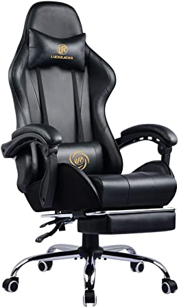 LUCKRACER Gaming Chair Massage with footrest Office Chair with Massage Lumbar Support Swivel Chair with Racing Style Armrest PU Leather High Back (Black)