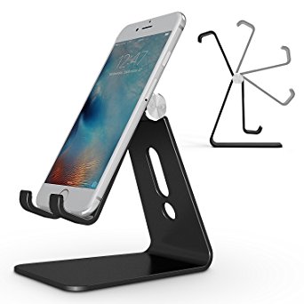 Adjustable Cell Phone Stand, OMOTON Aluminum Desktop Cellphone Stand with Anti-Slip Base and Convenient Charging Port, Fits All Smart Phones, Black