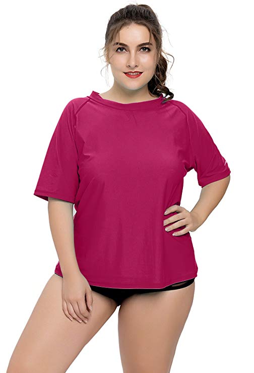 ATTRACO Women Rashguard Plus Size Short Sleeve Swim Shirts Top Sun Protective UV Shirt