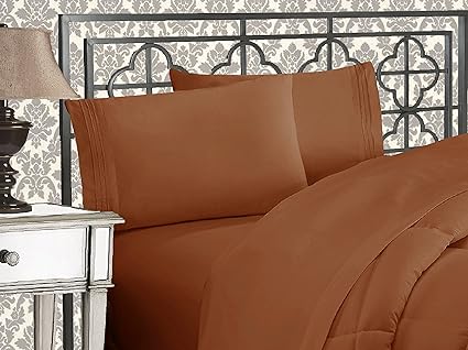 Elegant Comfort Luxurious Premium Hotel Quality Microfiber Three Line Embroidered Softest 4-Piece Bed Sheet Set, Wrinkle and Fade Resistant, California King, Bronze