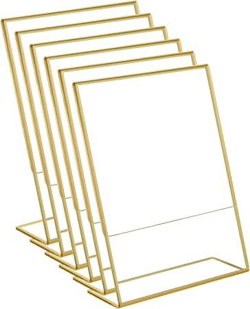 HIIMIEI Acrylic Gold Frames 6 Pack Sign Holders 4x6'' Slanted Back Table Menu Display Stand, Wedding Table Numbers Holder