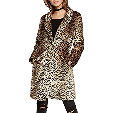 Women Warm Long Sleeve Parka Faux Fur Coat Overcoat Fluffy Top Jacket Leopard