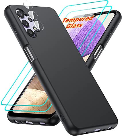 Samsung A32 5G Case, Galaxy A32 5G Case with [2 Pack] Tempered Glass Screen Protector & Camera Lens Protector, LeYi Liquid Silicone Soft Microfiber Liner Phone Case for Samsung Galaxy A32 5G, Black