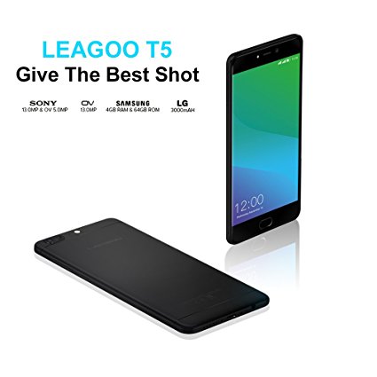 Leagoo T5 - 4G LTE Smartphone, Android 7.0 5.5'' MTK6750T Octa Core 1.5GHz 4GB 64GB Dual SIM with Dual Triple cameras (13MP 5MP 13MP), WCDMA & GSM & FDD-LTE (Black)