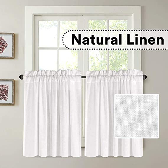 H.VERSAILTEX Natural Linen Kitchen Curtains 24 Inch Length Textured Flax Curtain Tiers for Bathroom/Kitchen Windows Rod Pocket Small Curtains for Kitchen (2 Panels, White)