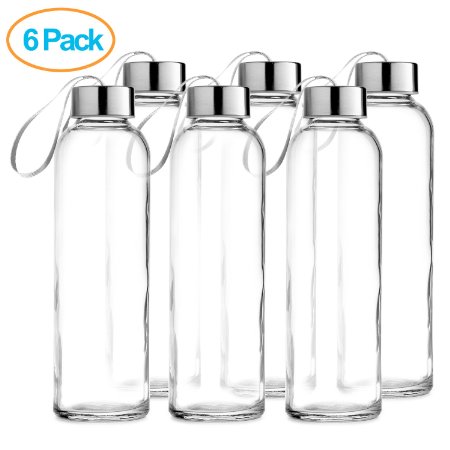 Chefs Star Glass water Bottle 6 Pack 18oz Stainless Steel Caps with Carrying Loops