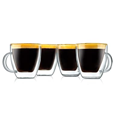 Double Wall Insulated Cups - 4pcs 5.2 oz High Borosilicate Glass Sweat Free Mugs Clear Drinkware for Hot/Cold Drinks, Coffee, Espresso, Cappuccino, Latte, Tea, Microwavable, Dishwasher Safe