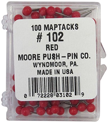 Moore Push-Pin Map Tacks, Red, 100 Tacks per Pack