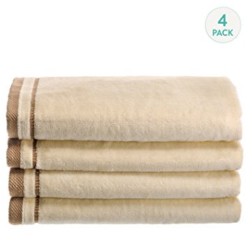 Creative Scents Cotton Velour Fingertip Towel, 4 Piece Set, 11 by 18-Inch, Cream With Embroidered Brown Trim