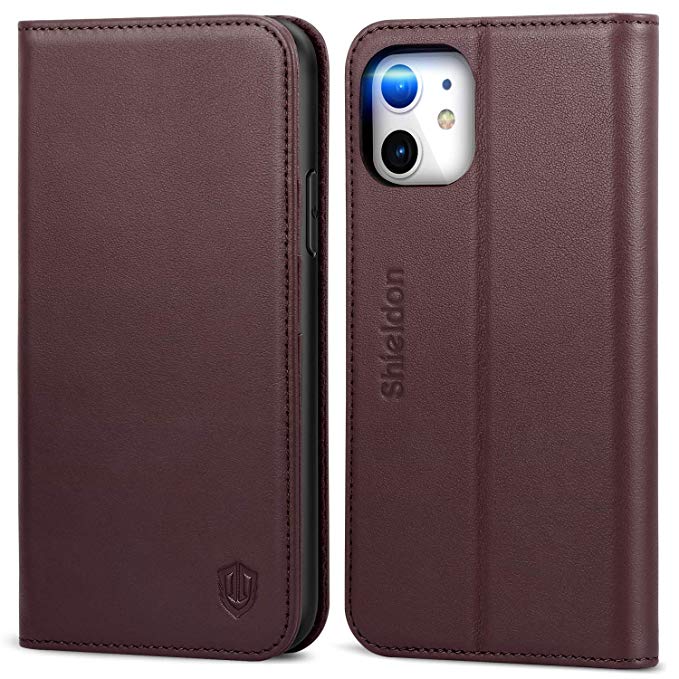 SHIELDON iPhone 11 Folio Case, Genuine Leather iPhone 11 Wallet Case RFID Blocking Card Slots Magnetic Closure Protective Folio Case Compatible with iPhone 11 (6.1-inch) - Wine Red