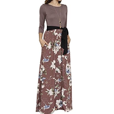 Evoky Women's Floral Print Long Sleeve Loose Plain Maxi Dresses Casual Long Dresse Maxi Dresses