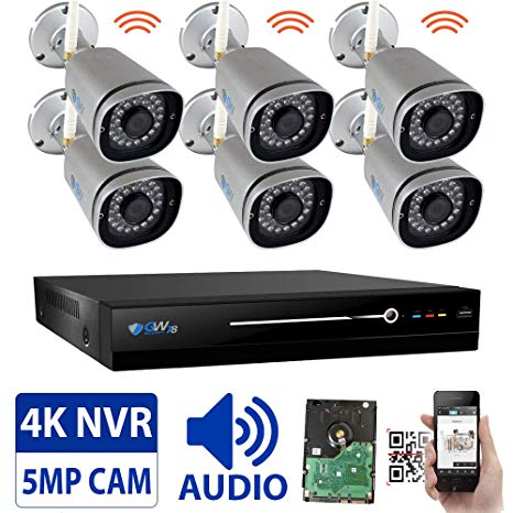 GW 8 Channel 5MP 1920P H.265 Wireless WiFi Security Camera System (NVR Kit) - 6 x HD 1920P Video & Audio Surveillance Outdoor/Indoor Wireless IP Cameras Built-in Microphone, 100FT IR Night Vision