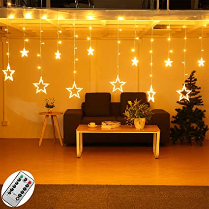 Star Curtain Lights,SOLMORE 12 Stars 138 LEDs Curtain String Lights Window Lights DIY Lighting 8 Modes Dimmable with Remote for Wedding Party Backdrops Home Bedroom Indoor Wall Decorations