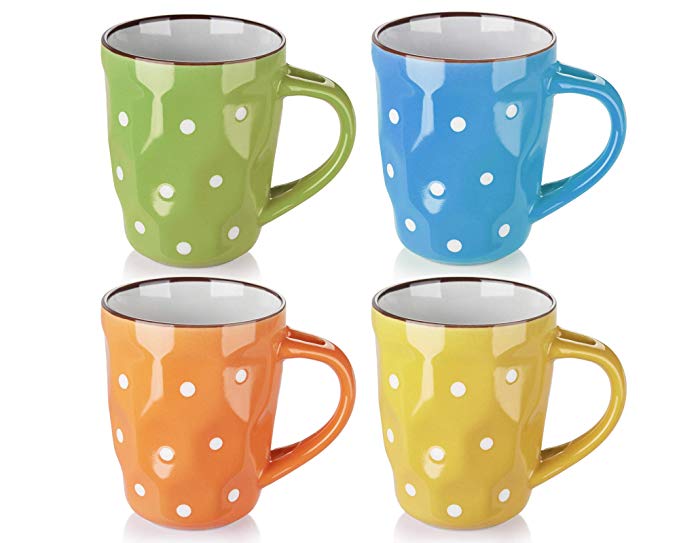 DOWAN Polka Dot Mugs - 13 Ounce for Coffee, Tea, Cocoa,Set of 4, Porcelain mugs, Assorted Colors