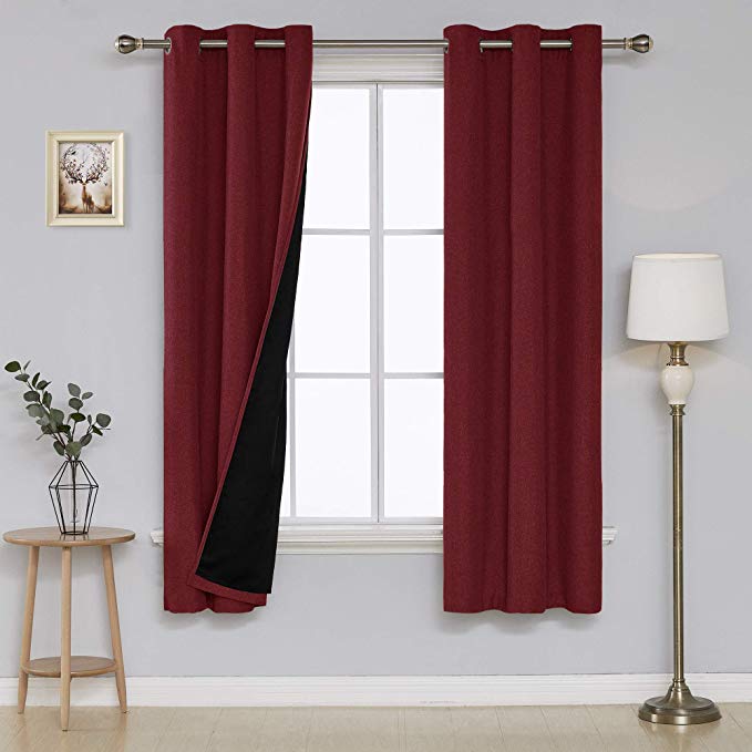 Deconovo Room Darkening Thermal Insulated Blackout Textured Grommet Faux Linen Lined Curtains for Bedroom 38x72 Inch Dark Red 2 Panels