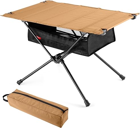 Odoland Outdoor Folding Table with Mesh Storage Portable Camping Gear with Carry Bag for Overland Kitchen Camping Gadgets Picnic Hiking Backpacking Khaki