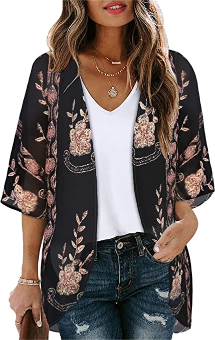 Women's Floral Print Puff Sleeve Kimono Cardigan Loose Cover Up Casual Blouse Tops