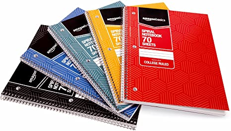 AmazonBasics College Ruled Wirebound Spiral Notebook, 70 Sheet, Assorted Sunburst Pattern Colors, 5-Pack