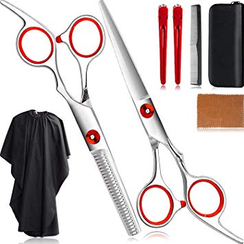 8Pcs Hair Cutting Scissors Set/Hair Thinning Shears Kit/Salon Hairdressing Scissors Professional Barber Tools/Teeth Texturing Texturizing Stainless Steel Sharp Wide Tooth Contain Cape Clips Comb Red