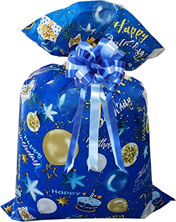 56× 36 Inches Jumbo Gift Bag for Birthday Gifts, Giant Plastic Birthday Gift Bag, Extra Large Gift Bag for Large Presents Birthday Baby Shower(with Blue Pull Bow)