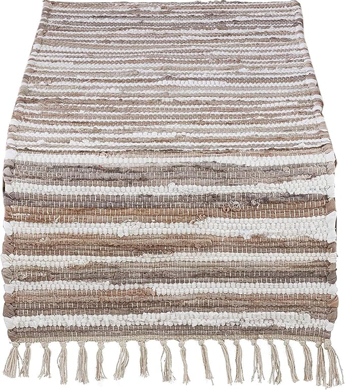 Fennco Styles Prakrti Collection Bohemian Tasseled Chindi 100% Pure Cotton 16 x 72 Inch Table Runner - Natural Table Cover for Banquets, Dinner Parties, Special Events and Home Décor