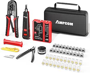 AMPCOM Ethernet Crimping Tool Kit 10-in-1 RJ45/RJ11 Network Tool Kit with RJ45 Tester for Cat6/Cat5e/Cat5 RJ45 Connectors, Includes 110 Punch Down Tool & Wire Stripper, Portable Waterproof Bag