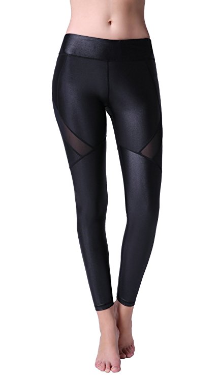TOP-3 Yoga Leggings with Mesh Panels Black Faux Matte Leather High Waisted Pants