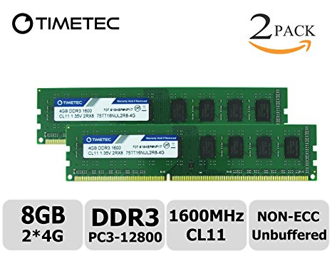 Timetec Hynix IC 8GB Kit (2x4GB) DDR3 1600MHz PC3-12800 Non ECC Unbuffered 1.35V/1.5V CL11 2Rx8 Dual Rank 240 Pin UDIMM Desktop PC Computer Memory Ram Module Upgrade (8GB Kit (2x4GB))