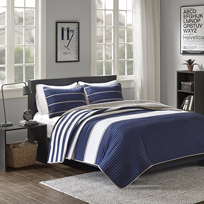 Comfort Spaces - Verone Mini Quilt Coverlet Set - 3 Piece - Navy, White, Khaki - Stripes Pattern - Full / Queen size, includes 1 Quilt, 2 Shams