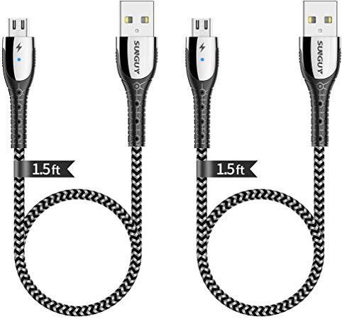 Short Micro USB Cable，SUNGUY 1.5FT 2Pack Nylon Braided Android Charger Cable Fast Charging & Data Sync Cord Compatible for Samsung Galaxy S7/S6,LG G4/G3,MP3,HTC ONE M9/E8 and More Android Devices.