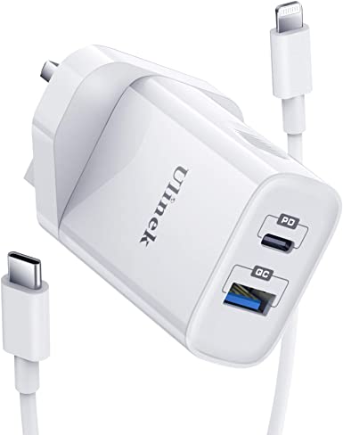 Ulinek 18W iPhone Fast Charger Plug 2 Ports USB C & A With 2m MFi USB C to Lightning Cable Quick Charge 3.0 Wall Charger Adapter Compatible with iPhone 11 Pro XR X XS 8 Plus 7 6s iPad Pro