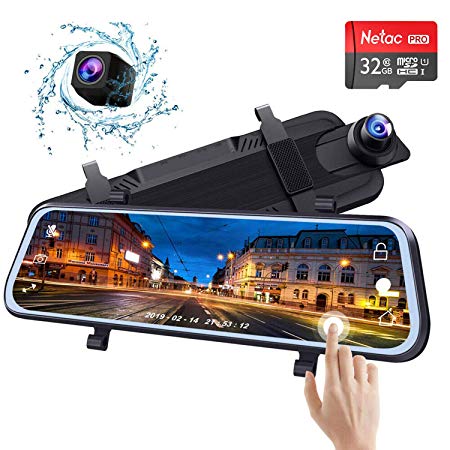 10" Mirror Dash Cam Backup Camera Full Touch Screen HD Stream Media 1296P Front and Rear with Night Vision Waterproof Rear View Camera with Loop [ Contain Free 32GB SD Card ]