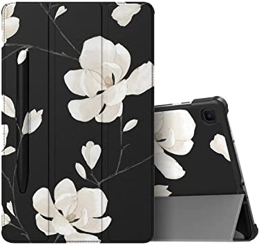 MoKo Case Compatible with Galaxy Tab S6 Lite 2020, Ultra Slim Tri-Fold Cover with Auto-Wake/Sleep & Pen Holder Fit Samsung Galaxy Tab S6 Lite 10.4 2020 SM-P610/P615 ONLY - Black & White Magnolia