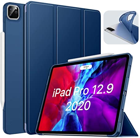 MoKo Case Fit iPad Pro 12.9 4th Generation 2020 & 2018 [Support Apple Pencil 2 Charging] Case with Stand, Soft TPU Translucent Frosted Back Cover Slim Smart Shell, Auto Wake/Sleep - Navy Blue