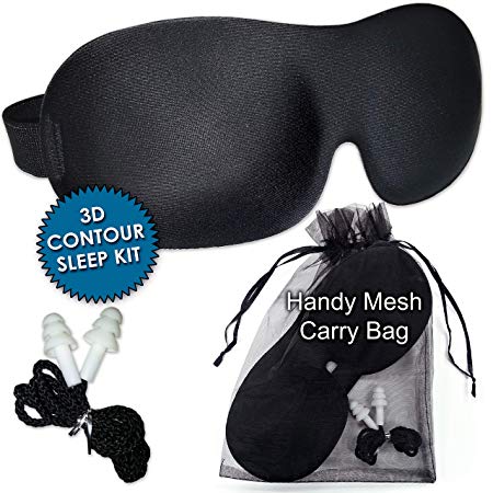 3D Sleep Mask Set - Eye Mask for Sleeping - Contoured Lightweight Foam - No Pressure on Eyes - Ideal for Airplane-Travel Carry Bag - Free Ear Plugs & Carry Pouch-Adjustable Strap Men Women Kids-Black