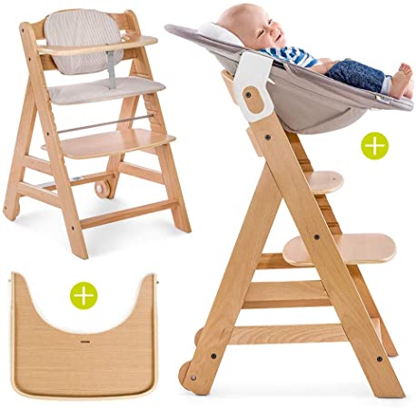 Hauck Beta Plus Wooden Highchair - 5in1 Height Adjustable Highchair with 5 Point Harness | incl. 2in1 Baby Bouncer   Tray   High Chair Seat Cushion - High Chair Baby - Natural