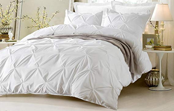 Luxury Pinch Pleated/Pintuck Egyptian Cotton 600 TC Decorative 3-Piece Duvet Cover Set Button Closer with Corner Ties, Oversized King (98 x 120 Inch) Size, Soft, Hypoallergenic, White Solid
