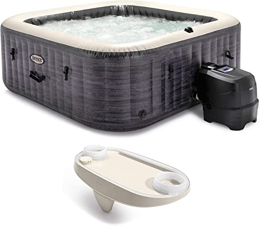 Intex 28451EP PureSpa Plus Greystone Inflatable Square Hot Tub Spa, 94 x 28, and Tablet Mobile Phone Spa Tray Accessory with LED Light Strip, White