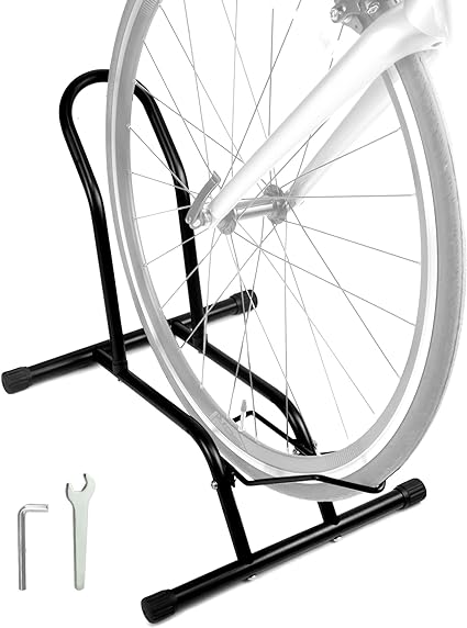 QWORK Steel Bicycle Floor Stand, Floor Bike Rack, Cycling Storage Organizer, Front and Rear Wheel Parking Rack Stand for Indoor Outdoor Home Garage, Fits 16"-29" Bikes