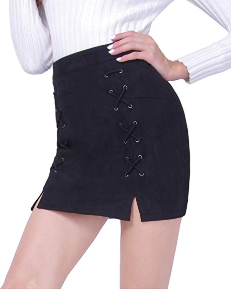 DIASHINY Women Mini Skirt Bodycon Faux Suede Lace Up Tight High Waist A Line Sexy Pencil