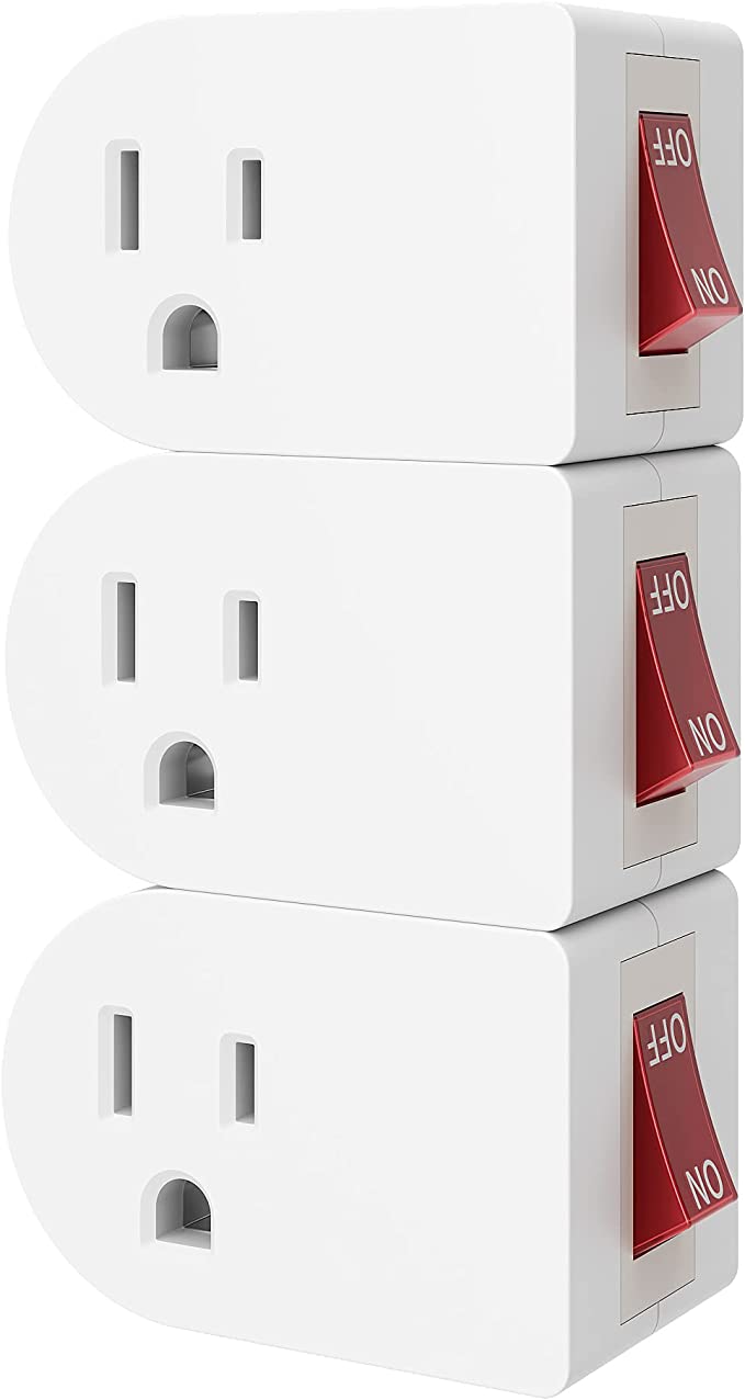 Oviitech 3 Pack Grounded Outlet Wall Tap Adapter with On/Off Power Switch，Single Outlet with Switch in White