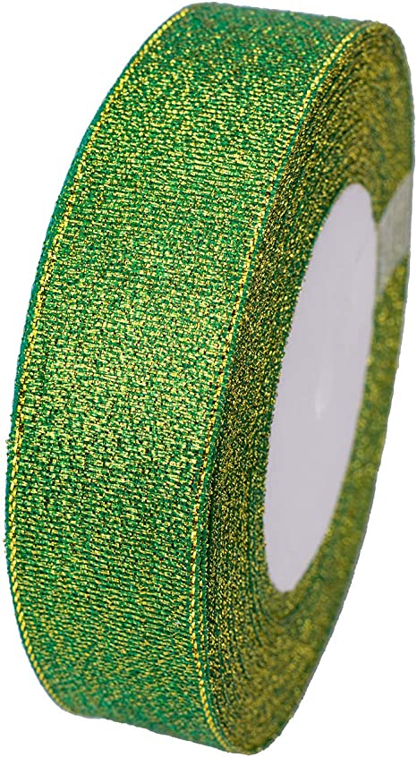 ATRibbons 1 Inch Wide Sparkly Glitter Ribbons,Colorful Gold Metallic Color Ribbons for Gifts Wrapping Home Decoration Wedding Party and DIY Crafts,25 Yards/Roll x 1 Roll (Green)