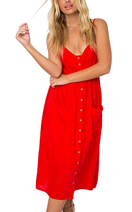 Angashion Women's Dresses-Summer Floral Bohemian Spaghetti Strap Button Down Swing Midi Dress with Pockets