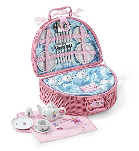 Fairy Tale PICNIC BASKET and Tea Set for Kids (32 Piece China Tea Set) Pink - Lucy Locket