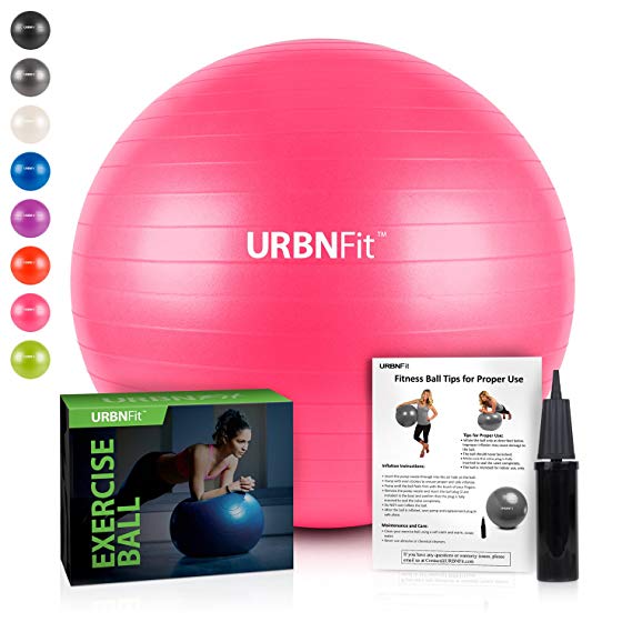 URBNFit Exercise Gym Ball (Multiple Sizes And Colors) For Stability & Yoga - Workout Guide Included & Quick Pump Included - Anti Burst Professional Quality Swiss Ball