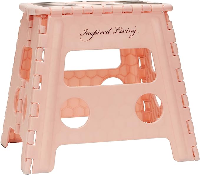 Inspired Living 13" Step Stool, Folding Step Stools for Adults, Plastic Foldable Step Stools Kids, Holds Up To 330 lbs, Collapsible Folding Stool for Kitchen, Bathroom, Bedroom - Blush Pink